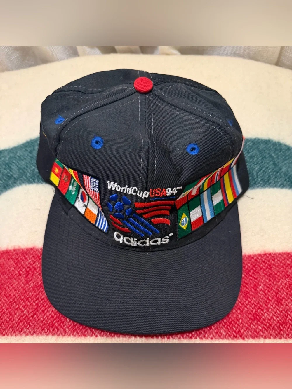 Vintage 90s Adidas Soccer World Cup Hat Cap Snap Back Black Flags Countries